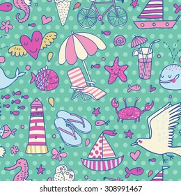 Cool seamless pattern with summer elements: lounge, seagull, umbrella, bicycle, ice-cream, crab, whale, cocktail, lighthouse, fishes, yacht, seahorse in bright holiday colors