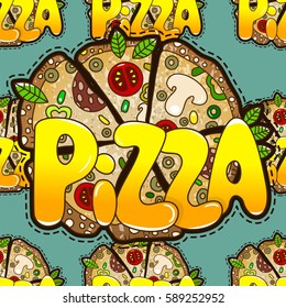 Cool seamless pattern with of tasty pizza. Vector illustration of stickers for your packaging design.