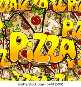 Cool seamless pattern with of tasty pizza. Vector illustration for design of packing Italian food.
