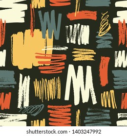 Cool seamless pattern with yellow, red, blue brushstrokes on black background. Vibrant backdrop with rough paint traces or artistic daub. Stylish vector illustration for wrapping paper, fabric print.