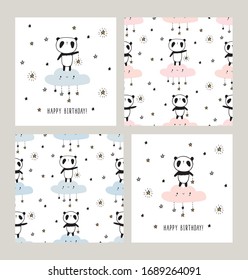 Kühle nahtlose Muster und Karten mit handgezeichnet süßen Pandas auf Wolken und Sternen. Babydesign für Kinderbekleidung, Kinderwandkunst, Kindertextilien, Wallpaper, Geschenkverpackung und Scrapie. Vektorillustration.