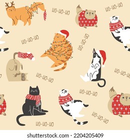 A cool seamless vector pattern. Funny fat cats in Christmas costumes. Kittens tangled in the garland. New Year pattern. 