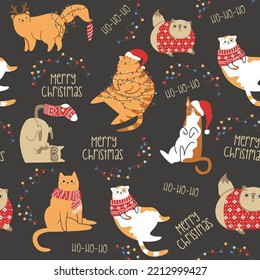 A cool seamless vector pattern. Funny fat cats in Christmas costumes. Kittens tangled in the garland. New Year pattern. 