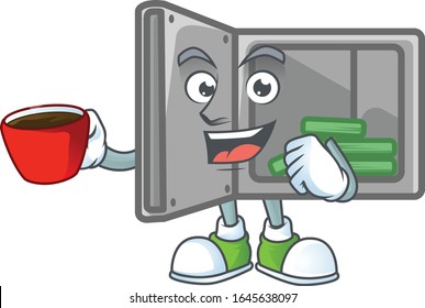 Cool security box open cartoon character with a cup of coffee