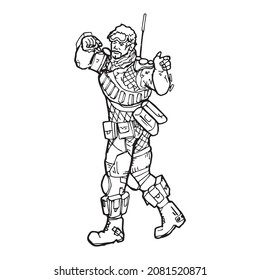 Cool selbstbewusster Soldat voller Tricks, Umrisszeichnung. Handgezeichneter Spielcharakter in bekannter Pose, Stift-Zeichenkette. Einfache erste Person Spiel Helden, die jeder Gamer mag, einzelne Illustration.