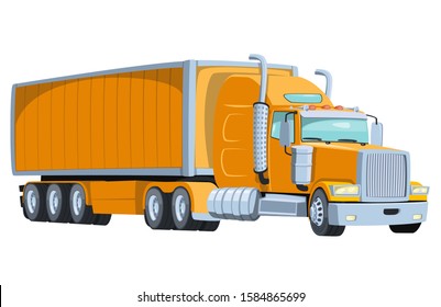 Cool semi-trailer truck with sleeper towing engine transport. Design element with american tractor unit pulling semi-trailer, side view. Freight transportation illustration