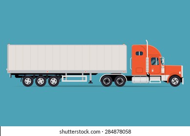 Cool semi-trailer truck with sleeper towing engine transport web icon or design element with american tractor unit pulling semi-trailer, side view, isolated | Freight transportation illustration 