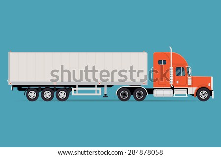 Cool semi-trailer truck with sleeper towing engine transport web icon or design element with american tractor unit pulling semi-trailer, side view, isolated | Freight transportation illustration 