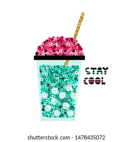 Cool sequin cocktail with gold glitter straw. Fashion kids print. Vector hand drawn illustration.