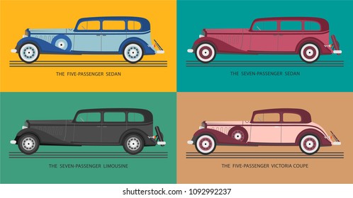 Cool set of 4 retro cars and vehicles in the flat design, vintage two-door coupe, sedan, limousine