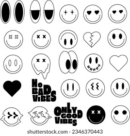 Cool Set Of Abstract Black and White Stickers,No Bad Vibes, Only Good Vibes,Happy ,Sad,Psychedelic.