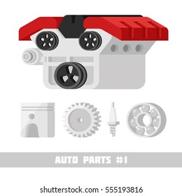 Cool set of auto pars icons. Internal combustion engine isolated on white background. 3d Flat vector illustration