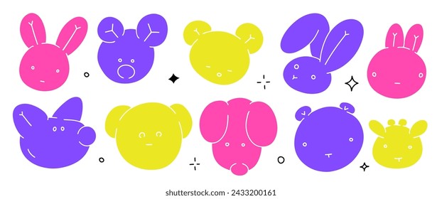 Cool Set with balloon animals. Festive collection of inflatable muzzles shapes for y2k style birthday celebration party decor. Fancy abstract characters isolated vector design.