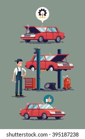 Cool set of car repair shop and auto service vector illustrations. Technical maintenance flat concept layout with mechanic character standing next to car lift, broken and ready to use repaired car