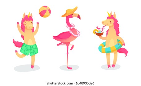 Cool set with cartoon unicorns and flamingo on summer holidays. Vector trendy collection.