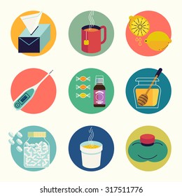 Cool set of cold and flu season round web icons in vector flat design featuring tissue, hot beverage tea mug, lemon fruit, honey jar, cup of chicken soup, aspirin pills, thermometer, cough syrup