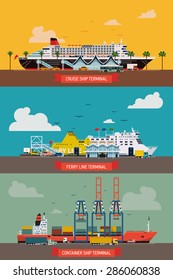 Cool Set Of Creative Vector Detailed Ferryboat Ship, Cruise Transatlantic Liner And Container Port Terminals. Ideal For Seaway Connection, Global Business Shipment And Transit Themed Graphic Design