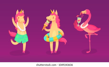 Cool set with cute unicorns and flamingo with drinks on summer holidays. Vector trendy collection.