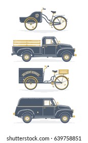 Cool set of delivery and shipping transport. Pickup and wagon trucks and freight bicycles. Light duty trucks and heavy duty bicycles in vintage limited colors style, isolated on white background