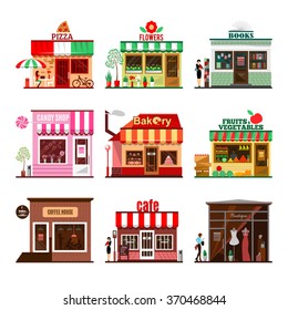 Cool set of detailed flat design city public buildings. Restaurants and shops facade icons. Pizza, flowers, books, candy shop, bakery, fruits and vegetables, coffee house, cafe and boutique. Vector