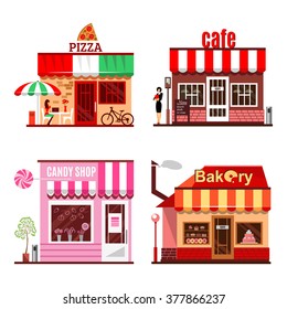 Cool set of detailed flat design city public buildings. Restaurants and shops facade icons. Pizza, candy shop, bakery, coffee house, cafe. Vector illustration for cute cartoon food design.