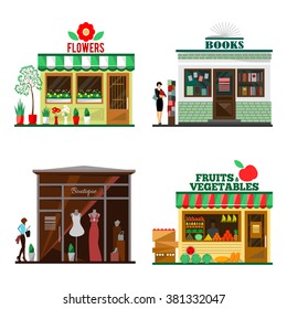 Cool set of detailed flat design city public buildings. Store facade icons. Flowers, books, fruits and vegetables, boutique shops. Vector illustration for cute cartoon food design.