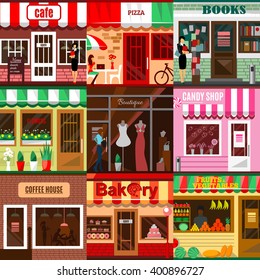 Cool set of detailed flat design city public buildings. Restaurants and shops facade icons. Pizza, flowers, books, candy shop, bakery, fruits and vegetables, coffee house, cafe and boutique. Vector