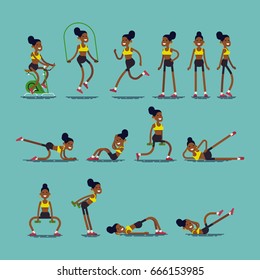 Cool set of different exercise poses performed by young african woman, flat design. Vector character design on female fitness poses. African american girl in the gym with skipping rope, bike, weights