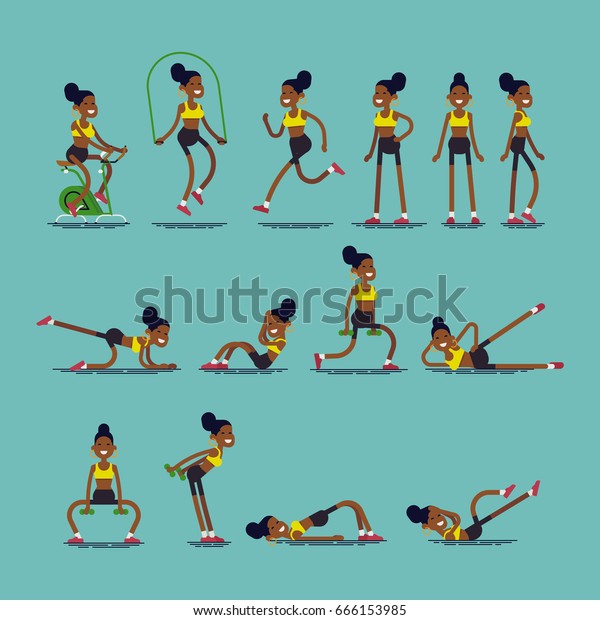 Cool set of different exercise poses performed by\
young african woman, flat design. Vector character design on female\
fitness poses. African american girl in the gym with skipping rope,\
bike, weights