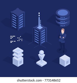 Cool set of digital technology design element vector, server room and data center equipment, database processing unit, engineer man flat isometric objects