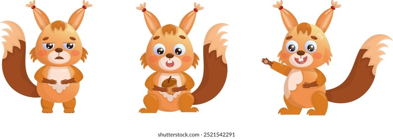 Cool set of emotional squirres. Sitting, standing, happy, sad, surprised. Set for design in cartoon style. Vector illustration for designs, prints and patterns. Vector illustration