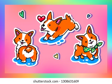 Cool set of funny stickers with Welsh Corgi. Isolated on pink background. Great for greeting cards, Valentine's Day and more.