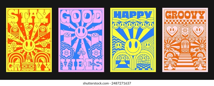 Cool Set Of Groovy Posters. Collection Of Y2k Abstract Pattern Vector Design. Pop Art Illustration.