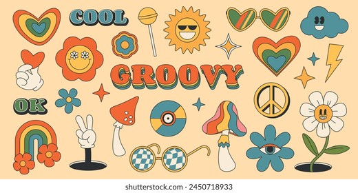 Cool Set of hand drawn rainbows, rainbow color elements in groovy style, retro 60s, 70s. With eyes, clouds, flowers, mushrooms, heart, sun, lollipop. Vector illustration eps10