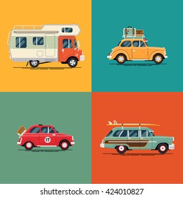 Cool set of leisure, road trip summer vacation retro cars and vehicles in flat design with camping caravan motorhome, vintage two door sedan with luggage suitcases on roof rack, surf car with boards