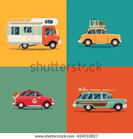 Cool set of leisure, road trip summer vacation retro cars and vehicles in flat design with camping caravan motorhome, vintage two door sedan with luggage suitcases on roof rack, surf car with boards