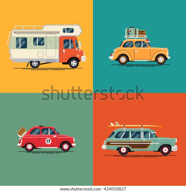 Cool set of leisure, road trip summer vacation\
retro cars and vehicles in flat design with camping caravan\
motorhome, vintage two door sedan with luggage suitcases on roof\
rack, surf car with\
boards