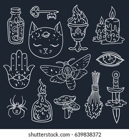 Cool Set With Magic Attributes, Animals And Things For Halloween In Vector. Doodle Mystic Patch Badges And Pins With Night Sky Decoration.