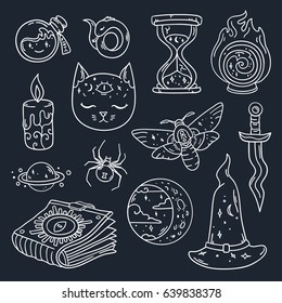 Cool set with mystic attributes, animals and things in vector. Doodle magic patch badges and pins with space decoration.