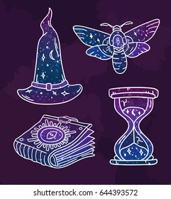 Cool set with mystical symbols in vector. Doodle prints with galaxy pattern. Collection with magic hat and book, night hawk moth and sandglass. 