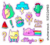Cool set with neon stickers in pop art comic style. 90s patch badges and pins with cartoon animal characters, food and things. Vector doodle set with unicorn, happy and angry cloud, owl etc. Part 6