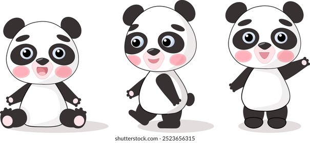 Cool set of pandas. Standing, sitting, walking. Set for design in cartoon style. Vector illustration for designs, prints and patterns. Vector illustration