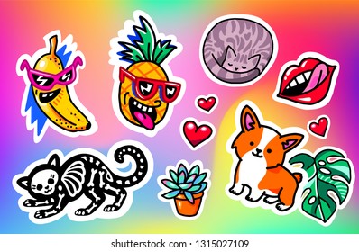 Cool set of patches, stickers, pins and signs with corgi dog, cat skeleton, pineapple and other. Isolated on holographic background.