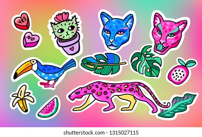 Cool set of patches, stickers, pins and signs with toucan, leopard, monstera and other. Tropical exotic design elements. Isolated on holographic background.