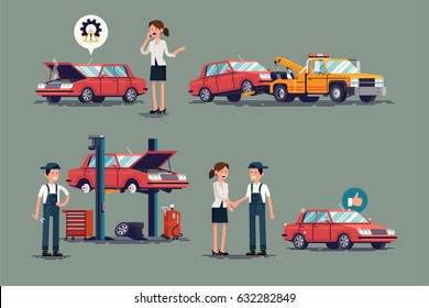 Cool Set Of Repair Shop And Auto Service Vector Illustrations. Technical Maintenance Set With Mechanic And Female Customer Characters, Towing Truck, Car Lift, Broken And Ready To Use Repaired Car