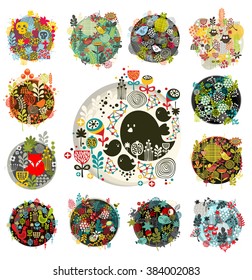 Cool set of round floral balls with birds and animals.Vector illustration of spring flowers.