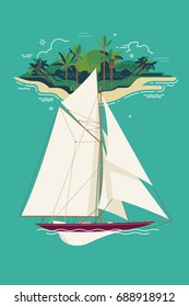 Cool set of sailing themed vector flat design elements featuring abstract tropical island sailing yacht
