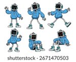 A cool set of six cartoon characters with TVs for heads, dressed in blue hoodies. The collection shows the modern, tech-themed characters in various street style poses. Vector Illustration