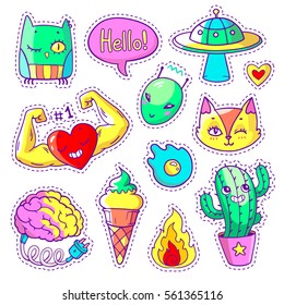 Cool set stickers in 80s  90s pop art style  Neon trendy patch badges   pins and cartoon animals  food   things  Vector doodles/ and muscular heart  strange cactus  alien etc  Part 11 