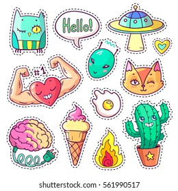 Cool set stickers in 80s  90s pop art style  Trendy patch badges   pins and cartoon animals  characters  food   things  Vector doodles and muscular heart  strange cactus  alien etc  Part 11
